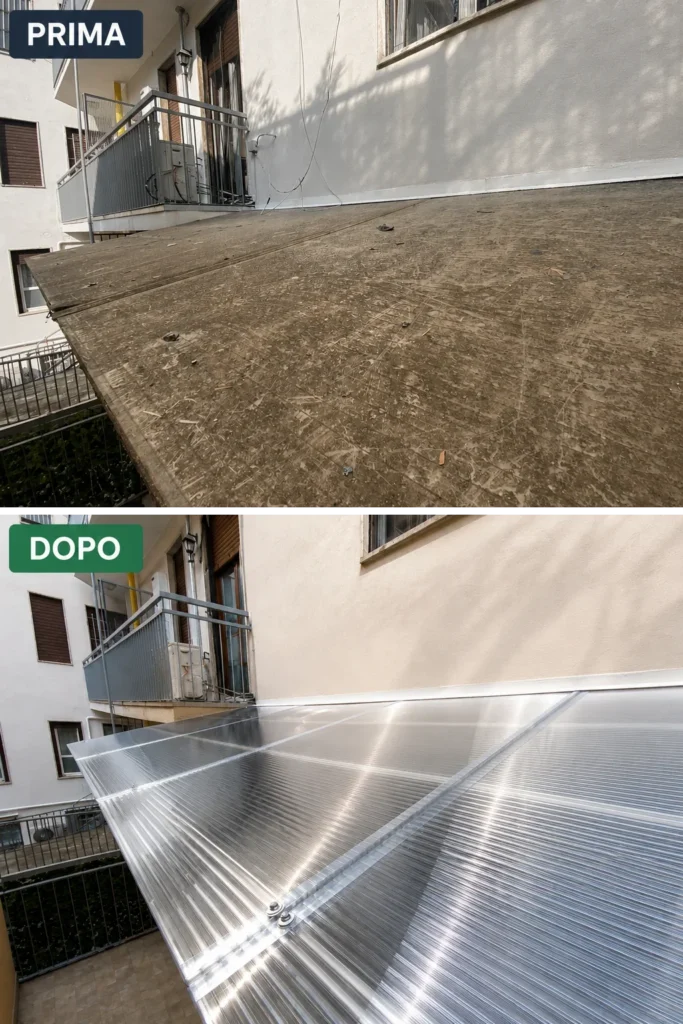 Prima e dopo la sostituzione delle lastre in policarbonato alveolare su copertura di una tettoia a Milano.