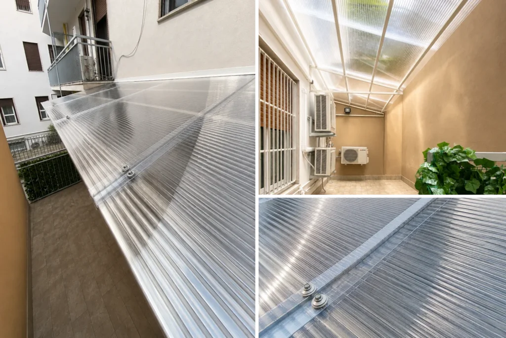 Risultato finale della sostituzione delle lastre in policarbonato alveolare su pergola con struttura risanata e riverniciata a Milano.