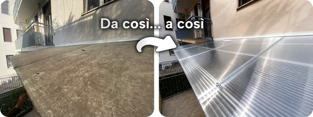 Confronto tra lastre in policarbonato opacizzate e nuove dopo la sostituzione su pergola a Milano