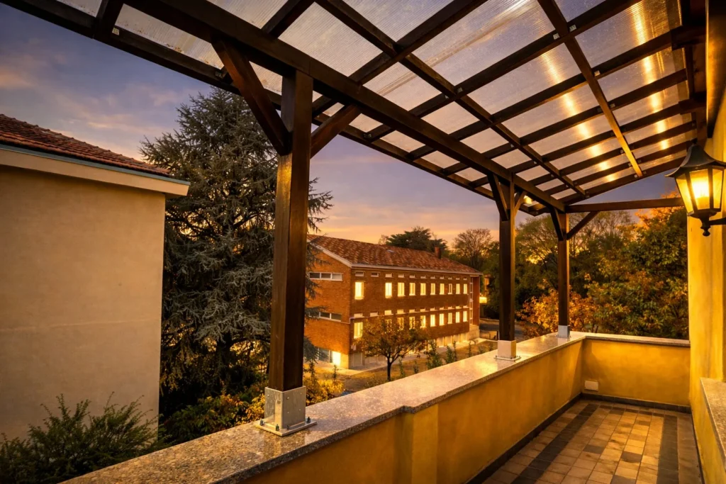 Pergola in legno su misura realizzata a Milano con copertura in policarbonato