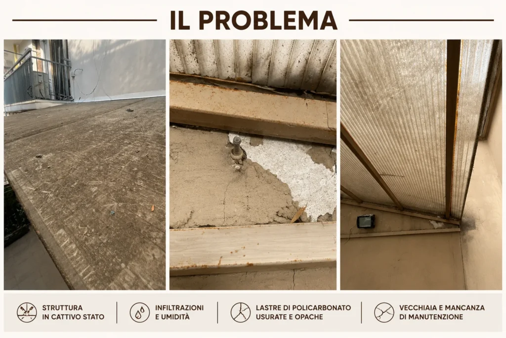 Tettoia in metallo con ruggine, policarbonato opacizzato e segni di deterioramento prima del rinnovo a Milano