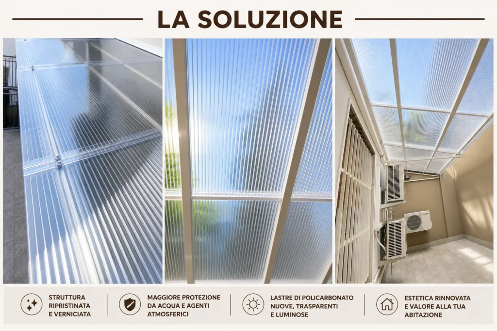 Rinnovo di tettoia a Milano con ripristino della struttura metallica, verniciatura e sostituzione delle lastre in policarbonato.