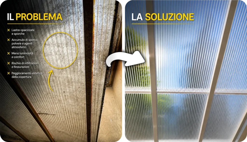 Prima e dopo la sostituzione delle lastre di policarbonato di una copertura per terrazzo con pannelli nuovi trasparenti.